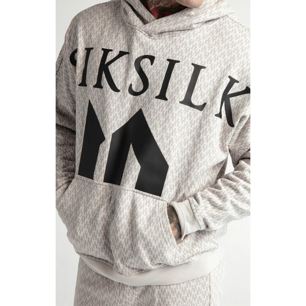 SikSilk Messi Monogram Print Hoodie Mens Sz Medium White Grey Oversized NWT